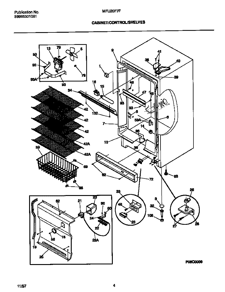 CABINET / CONTROL / SHELVES Diagram and Parts List for MFU20F7FW1  Frigidaire Freezer