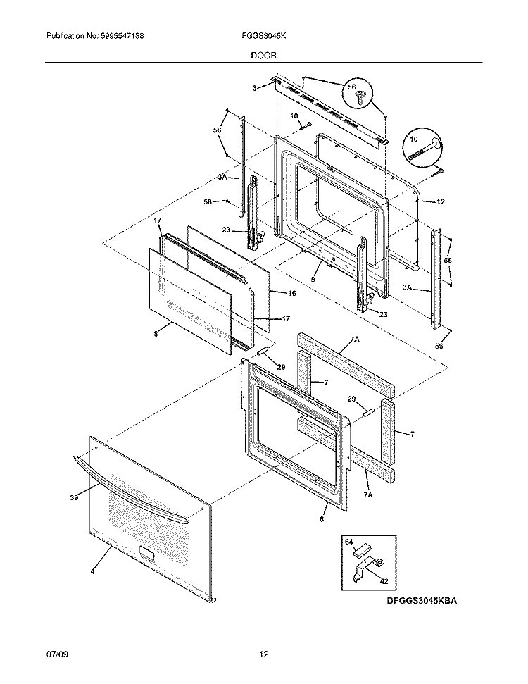 DOOR Diagram and Parts List for FGGS3045KWA  Frigidaire Range