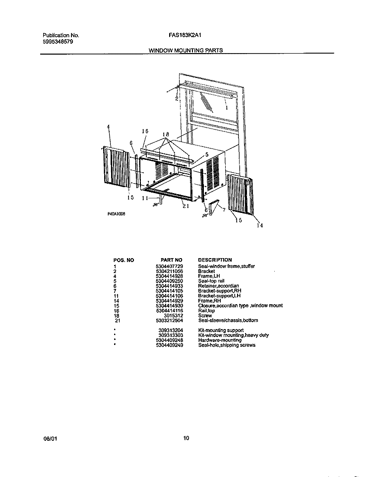 WINDOW MOUNTING Diagram and Parts List for FAS183K2A1  Frigidaire Air Conditioner