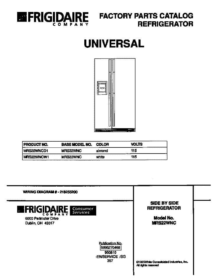 COVER Diagram and Parts List for MRS22WNCD1  Frigidaire Refrigerator