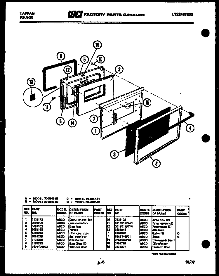 DOOR PARTS Diagram and Parts List for 30-3347-00-01  Tappan Range