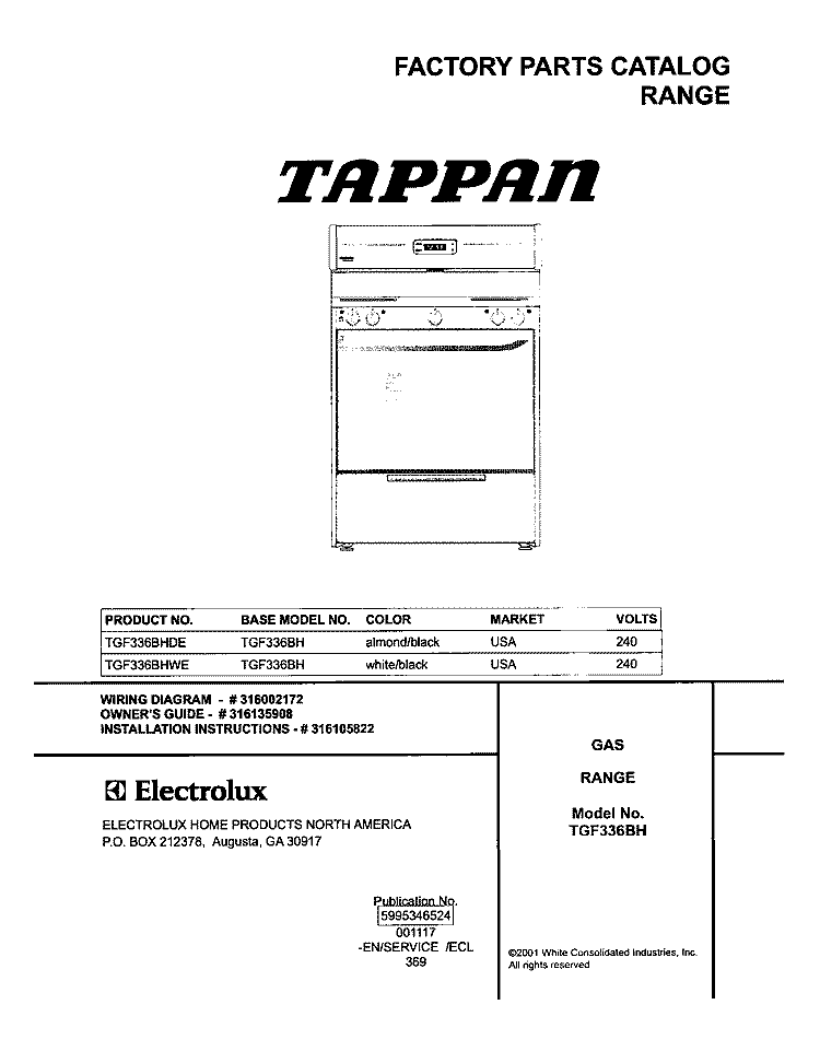 COVER Diagram and Parts List for TGF336BHDE  Tappan Range