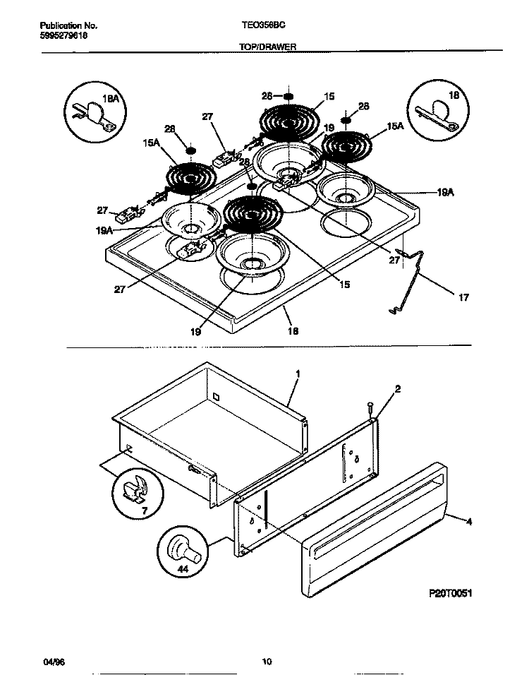 TOP / DRAWER Diagram and Parts List for TEO356BCWC  Tappan Range