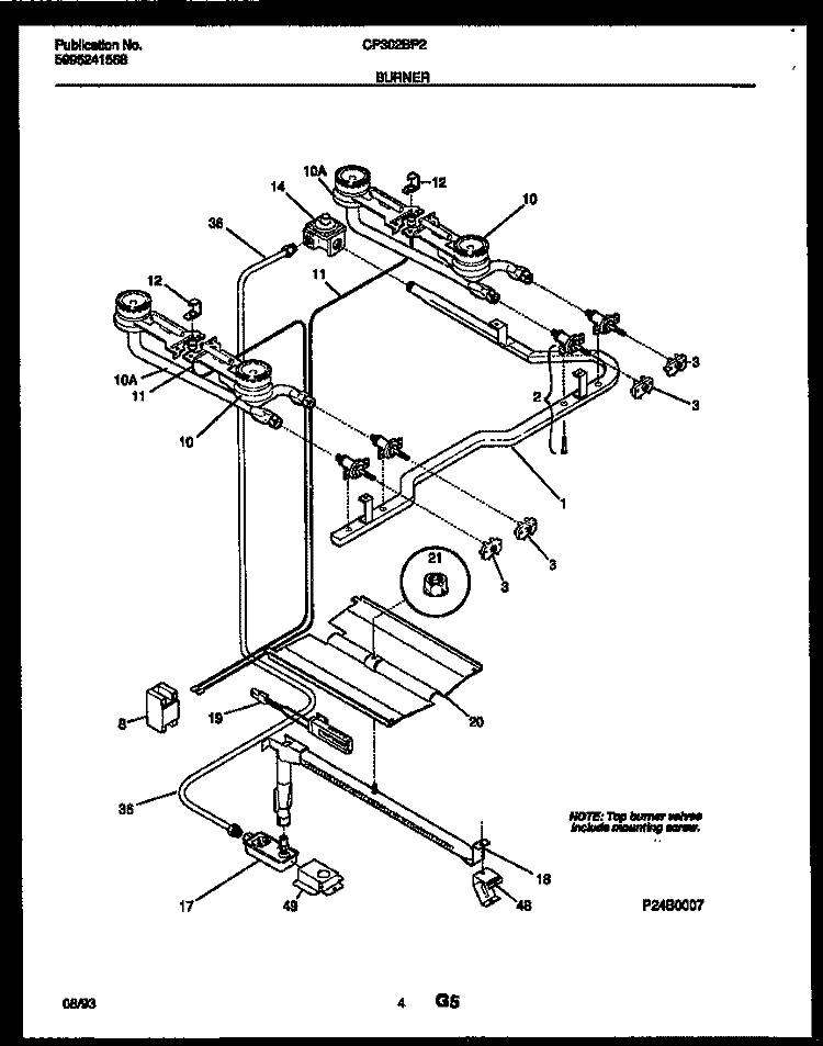 BURNER, MANIFOLD AND GAS CONTROL Diagram and Parts List for CP302BP2W2  Frigidaire Range
