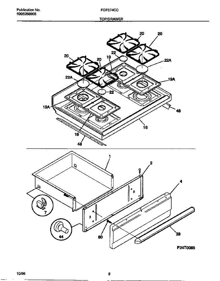 TOP / DRAWER Diagram and Parts List for FGF374CCSE  Frigidaire Range