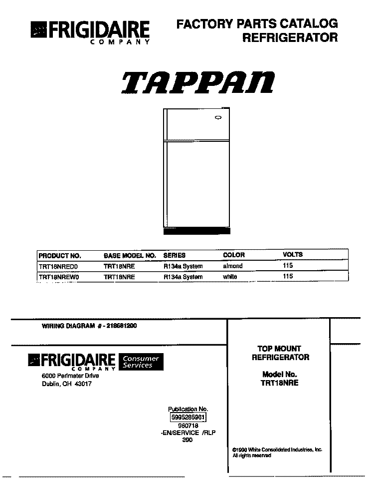 COVER Diagram and Parts List for TRT18NREW0  Tappan Refrigerator