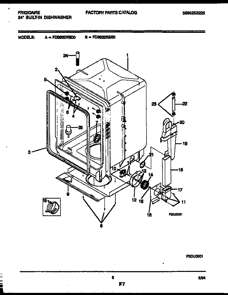 TUB AND FRAME PARTS Diagram and Parts List for FDB632RBD0  Frigidaire Dishwasher