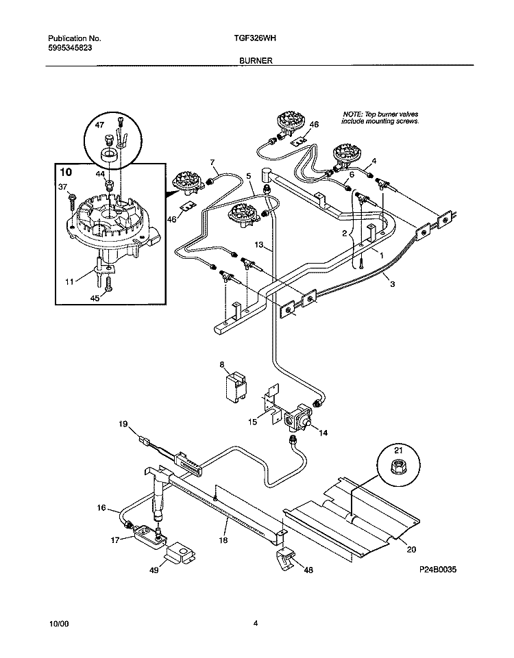 BURNER Diagram and Parts List for TGF326WHSE  Tappan Range