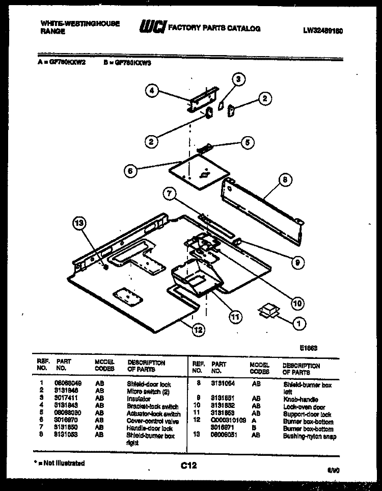 BURNER BOX PARTS Diagram and Parts List for GF780KXW3  Frigidaire Range