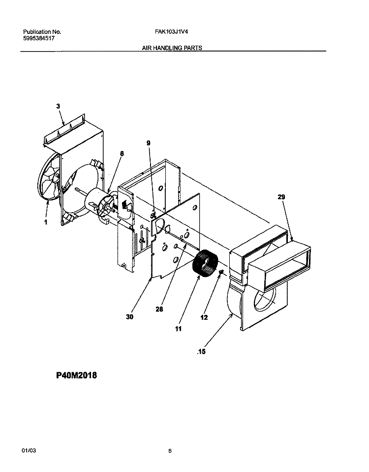 AIR HANDLING PARTS Diagram and Parts List for FAK103J1V4  Frigidaire Air Conditioner