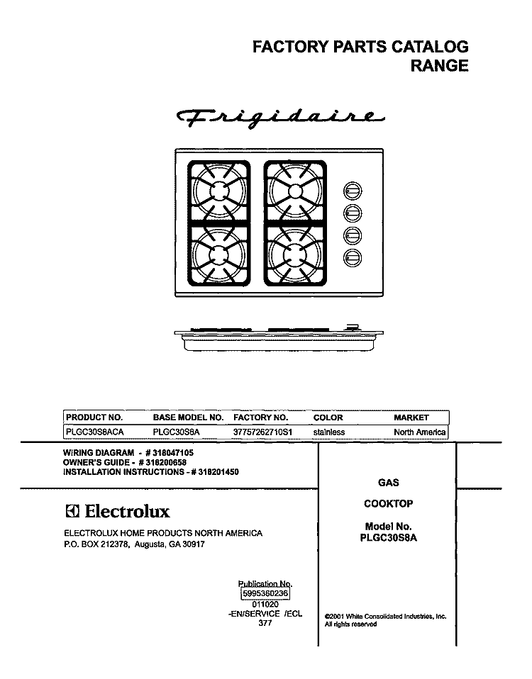 COVER Diagram and Parts List for PLGC30S8ACA  Frigidaire Cooktop