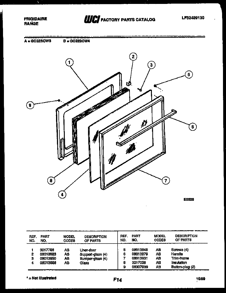 DOOR PARTS Diagram and Parts List for GC32BCW4  Frigidaire Range