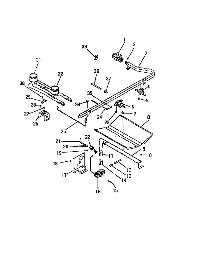 BURNERS, IGNITORS, CONTROLS Diagram and Parts List for GG32PCW0  Frigidaire Range