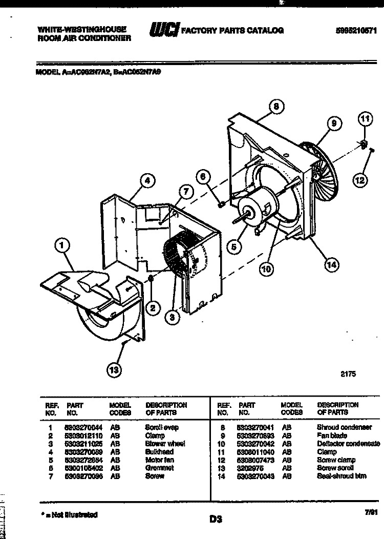 AIR HANDLING PARTS Diagram and Parts List for AC052N7A2  Frigidaire Air Conditioner
