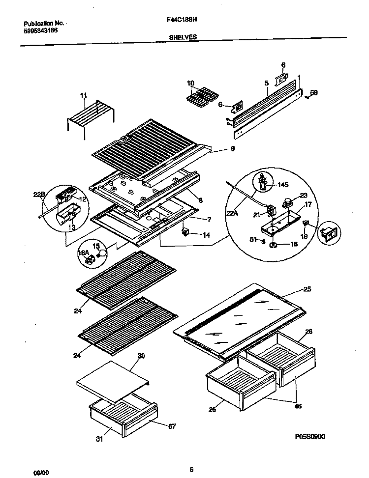 SHELVES Diagram and Parts List for F44C18SHD1  Frigidaire Refrigerator