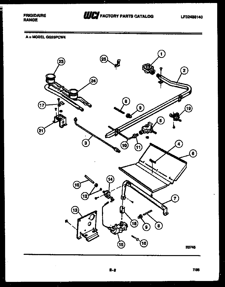BURNER, MANIFOLD AND GAS CONTROL Diagram and Parts List for GG26PCW4  Frigidaire Range