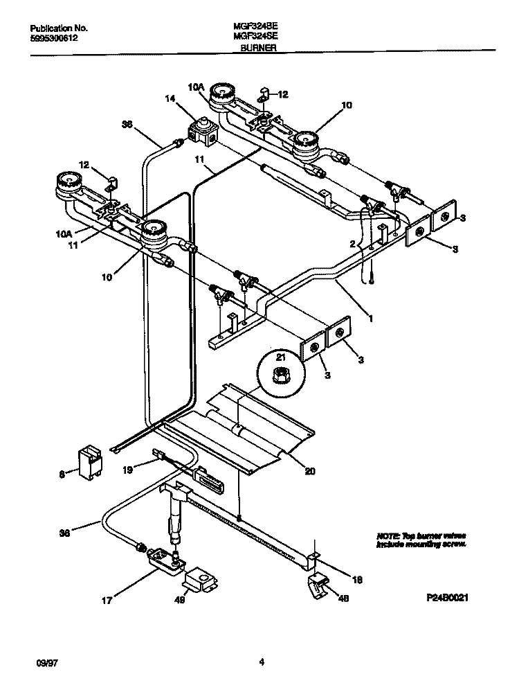 BURNER Diagram and Parts List for MGF324BEWC  Frigidaire Range