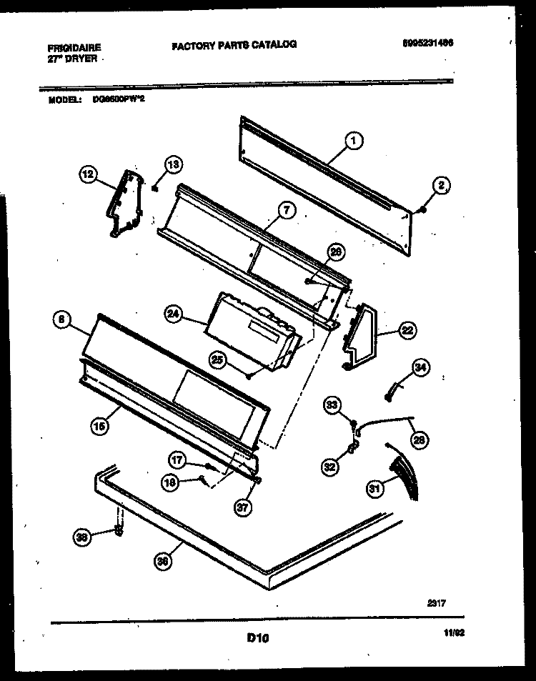 CONSOLE AND CONTROL PARTS Diagram and Parts List for DG8600PW2  Frigidaire Dryer