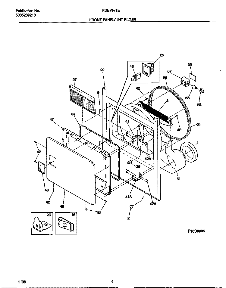FRONT PANEL / LINT FILTER Diagram and Parts List for FDE7971EW0  Frigidaire Dryer