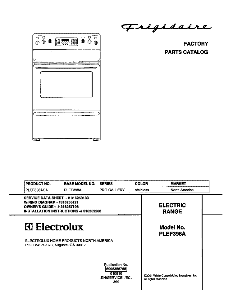 COVER Diagram and Parts List for PLEF398ACA  Frigidaire Range