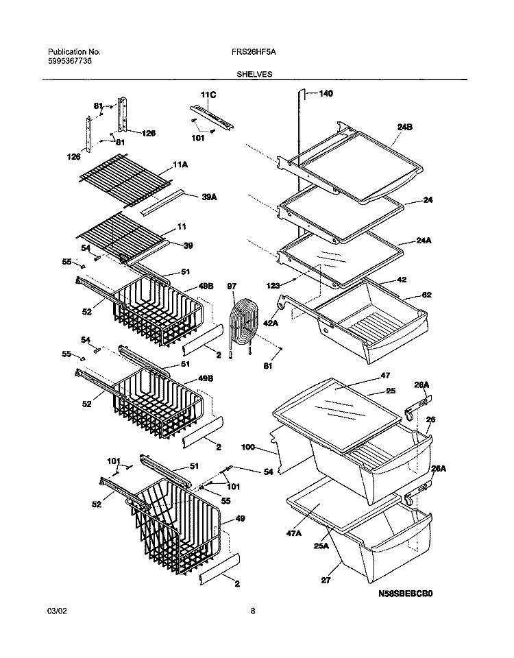 SHELVES Diagram and Parts List for FRS26HF5AQ3  Frigidaire Refrigerator