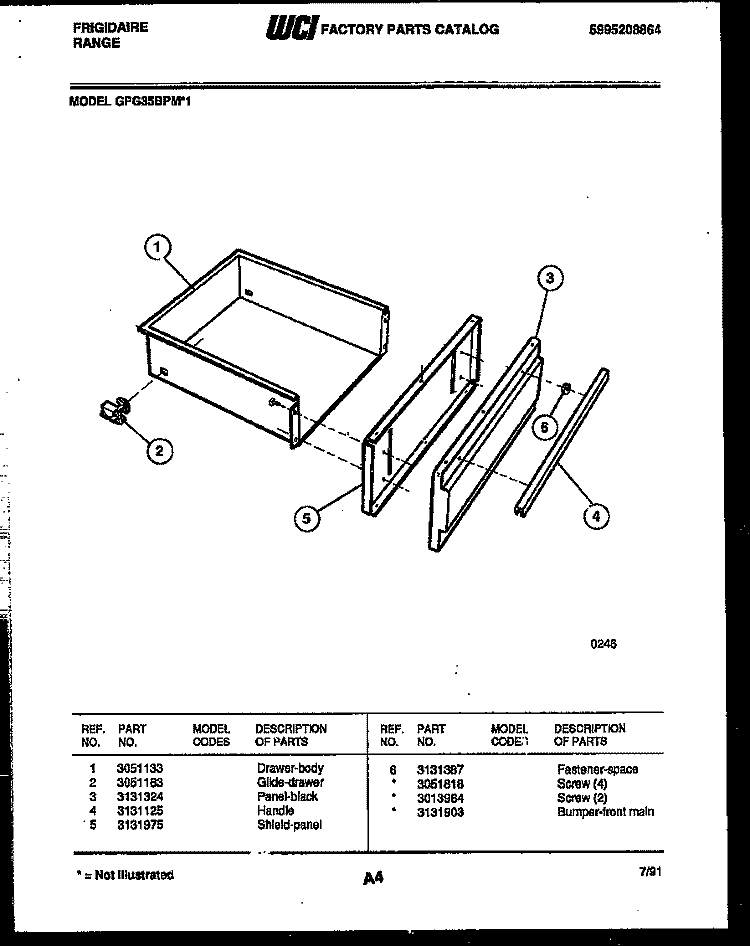 DRAWER PARTS Diagram and Parts List for GPG35BPM1  Frigidaire Range