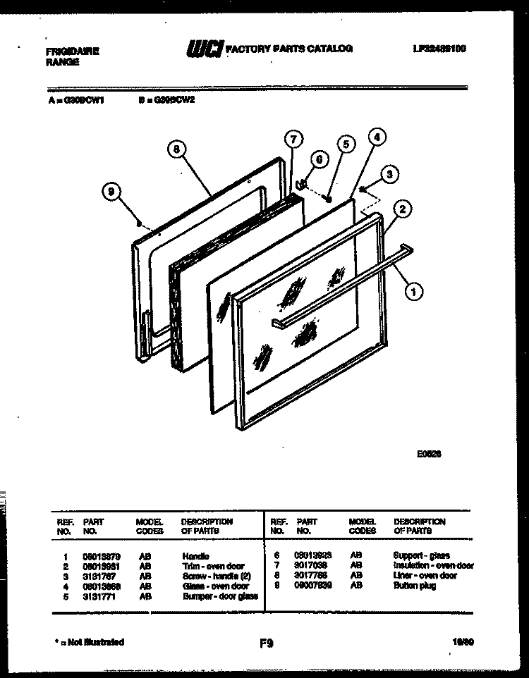 DOOR PARTS Diagram and Parts List for G30BCW1  Frigidaire Range