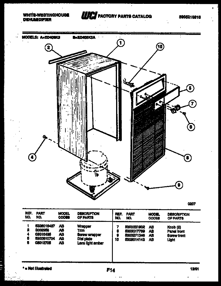 CABINET AND CONTROL PARTS Diagram and Parts List for ED408K3  Frigidaire Dehumidifier