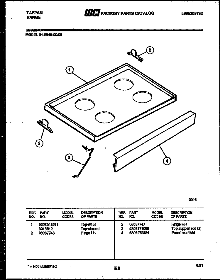 COOKTOP PARTS Diagram and Parts List for 31-2549-23-03  Tappan Range