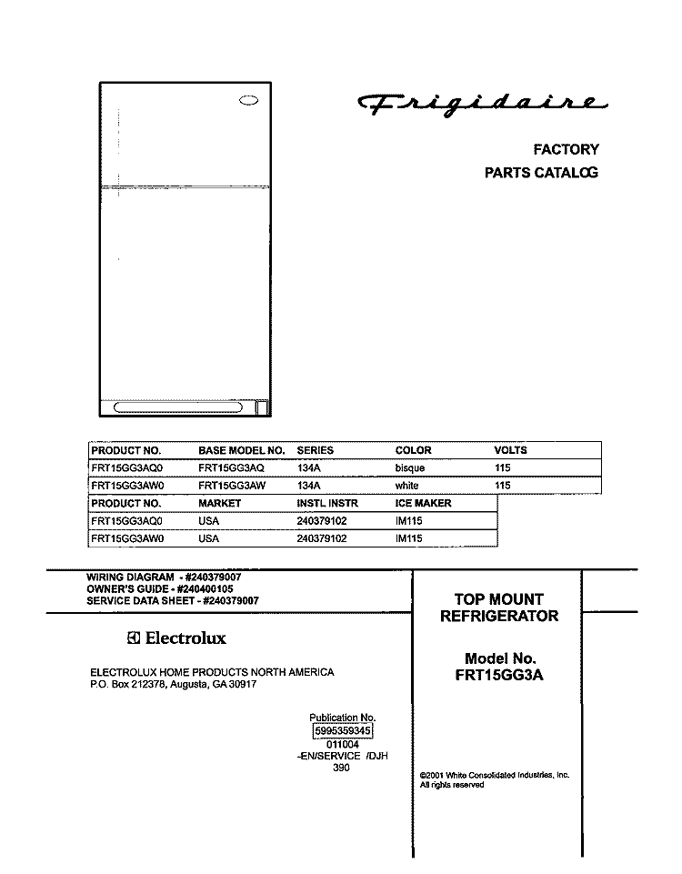 COVER Diagram and Parts List for FRT15GG3AW0  Frigidaire Refrigerator