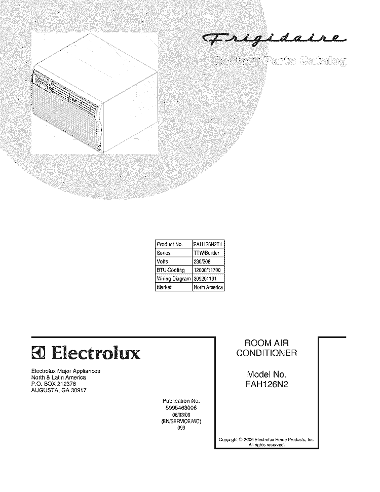 COVER Diagram and Parts List for FAH126N2T1  Frigidaire Air Conditioner
