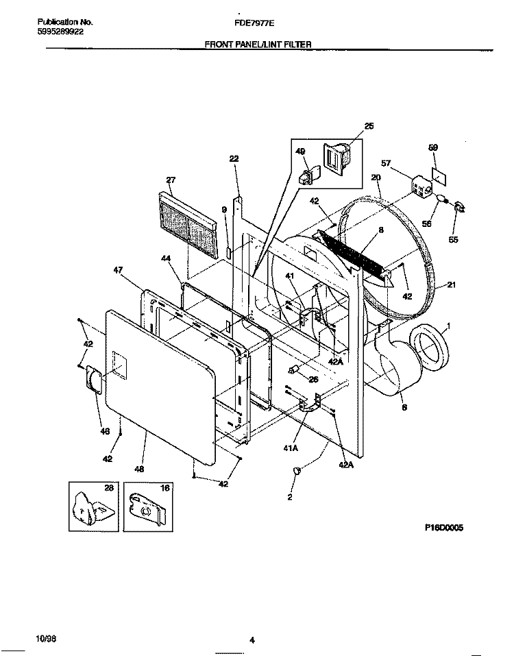 FRONT PANEL / LINT FILTER Diagram and Parts List for FDE7977EW0  Frigidaire Dryer
