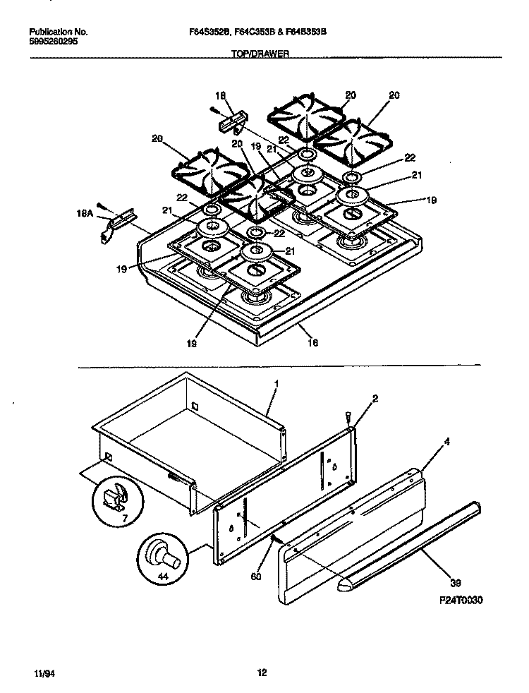 TOP / DRAWER Diagram and Parts List for F64S352BDA  Frigidaire Range