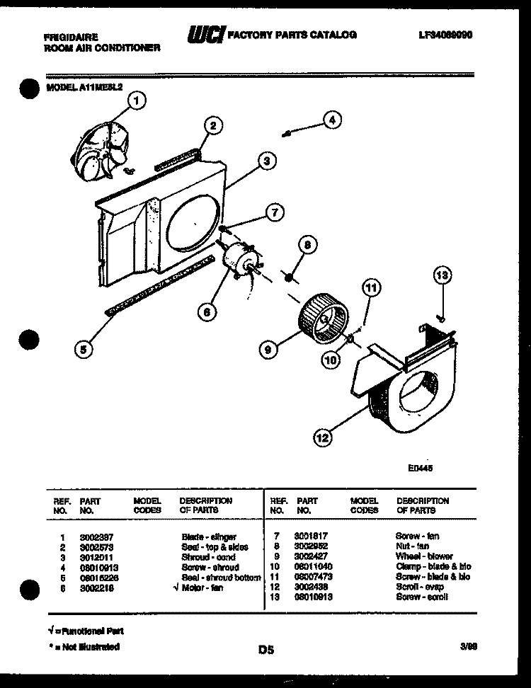 AIR HANDLING PARTS Diagram and Parts List for A11ME5L2  Frigidaire Air Conditioner