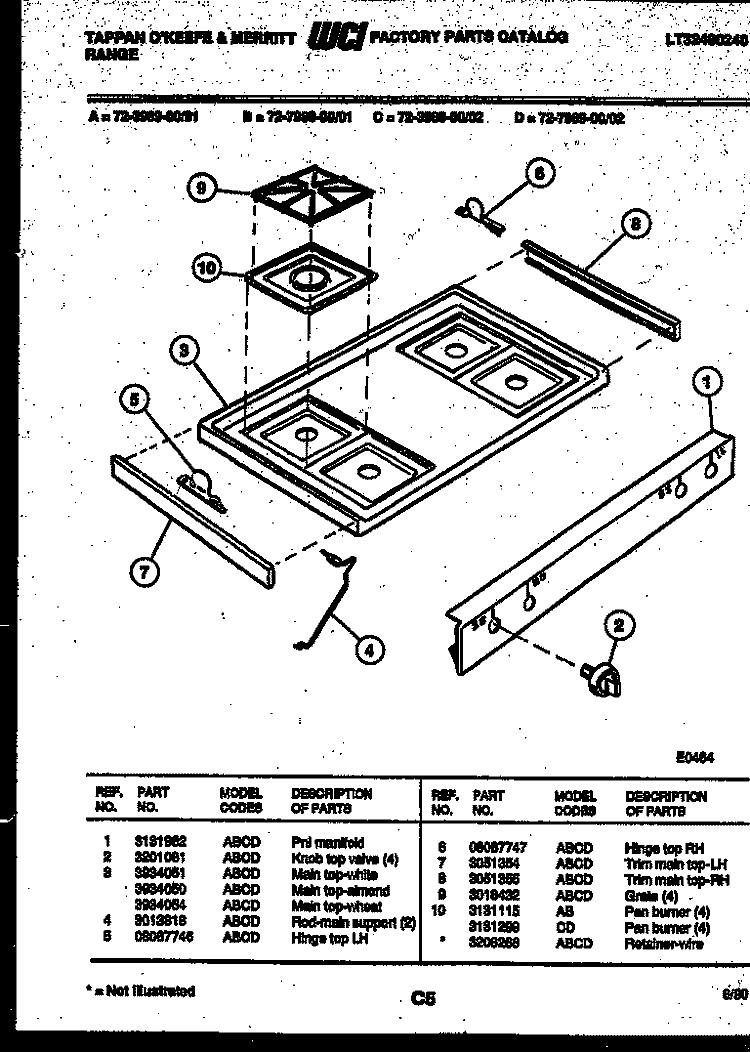 COOKTOP PARTS Diagram and Parts List for 72-3989-00-01  Tappan Range