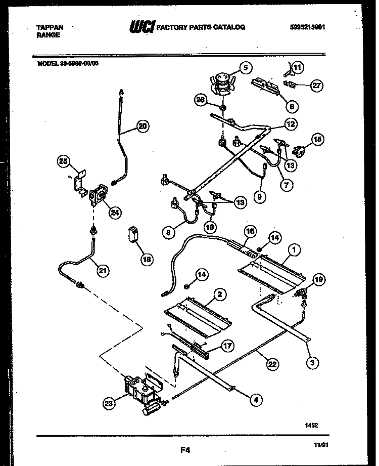 BURNER, MANIFOLD AND GAS CONTROL Diagram and Parts List for 30-3989-00-06  Tappan Range