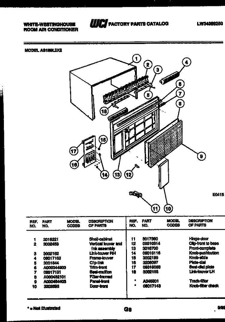 CABINET PARTS Diagram and Parts List for AS189L2K2  Frigidaire Air Conditioner