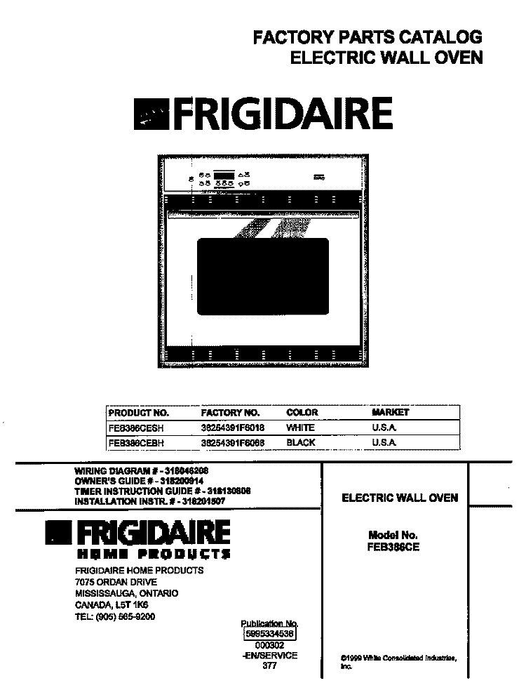 COVER Diagram and Parts List for FEB386CEBH  Frigidaire Wall Oven