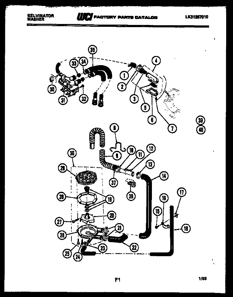 PUMP, WATER VALVE, WATER INLET Diagram and Parts List for AW700C1D  Kelvinator Washer