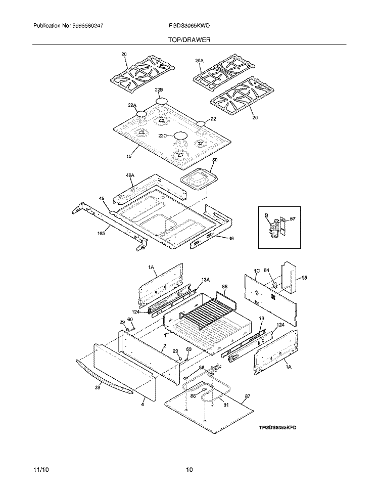 TOP/DRAWER Diagram and Parts List for FGDS3065KWD  Frigidaire Range