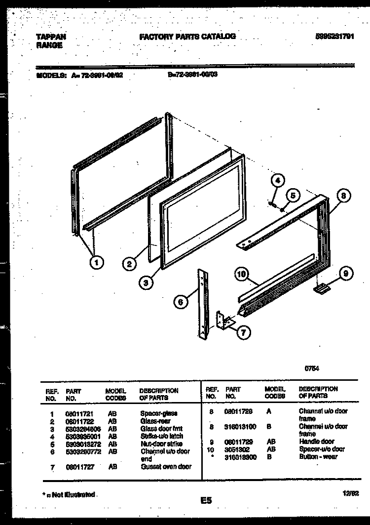UPPER OVEN DOOR PARTS Diagram and Parts List for 72-3981-00-03  Tappan Range