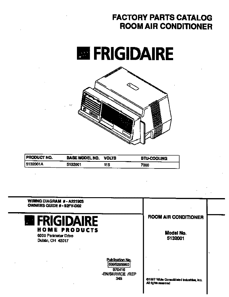 COVER Diagram and Parts List for 5132001A  Frigidaire Air Conditioner