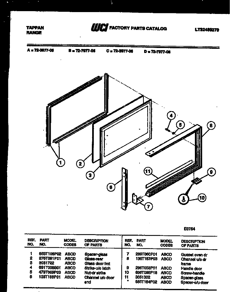 UPPER OVEN DOOR PARTS Diagram and Parts List for 72-3977-00-06  Tappan Range