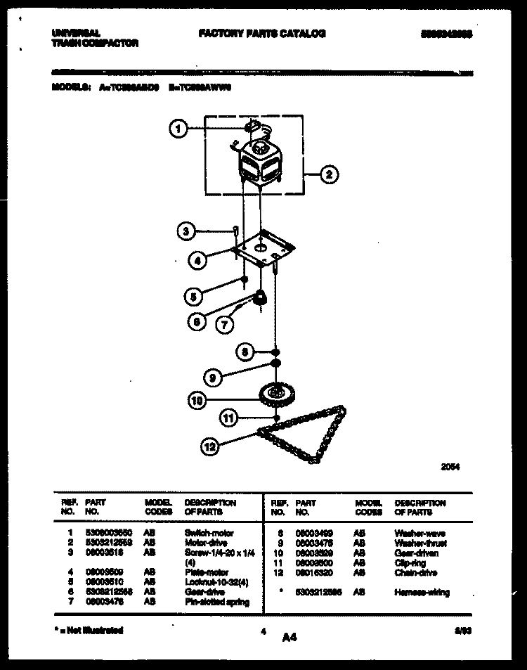 MOTOR Diagram and Parts List for TC500ABD0  Frigidaire Trash Compactor