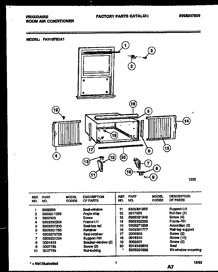 WINDOW MOUNTING PARTS Diagram and Parts List for FAV157S1A2  Frigidaire Air Conditioner
