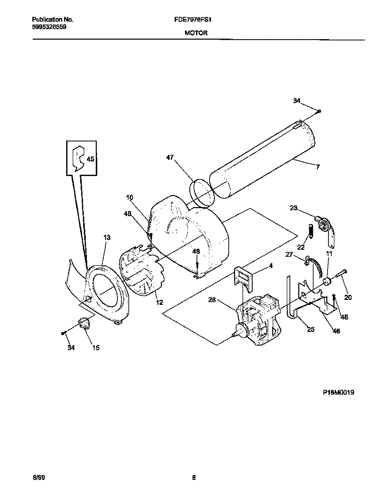 P16M0019 MOTOR, BLOWER Diagram and Parts List for FDE7976FS1  Frigidaire Dryer