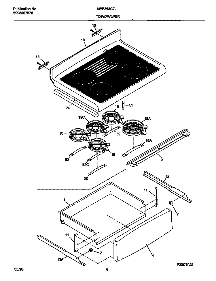 TOP / DRAWER Diagram and Parts List for MEF368CGS1  Frigidaire Wall Oven