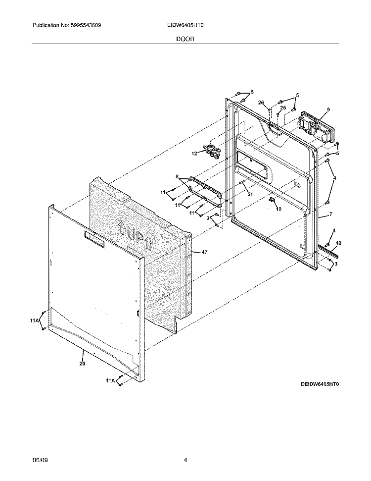 DOOR Diagram and Parts List for EIDW6405HT0  Electrolux Dishwasher