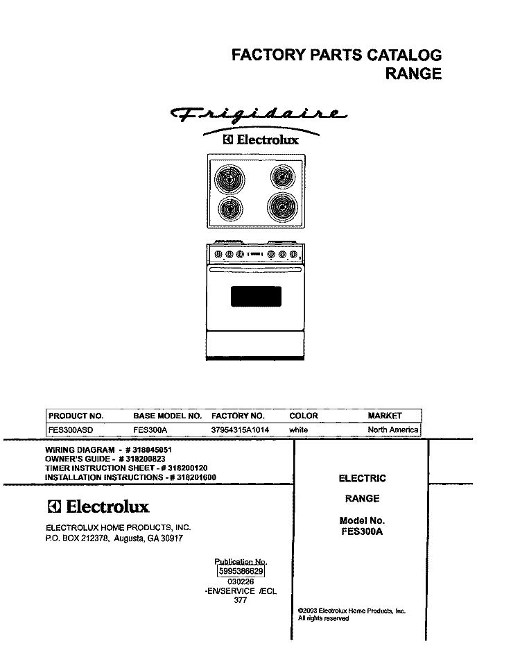 COVER Diagram and Parts List for FES300ASD  Frigidaire Range