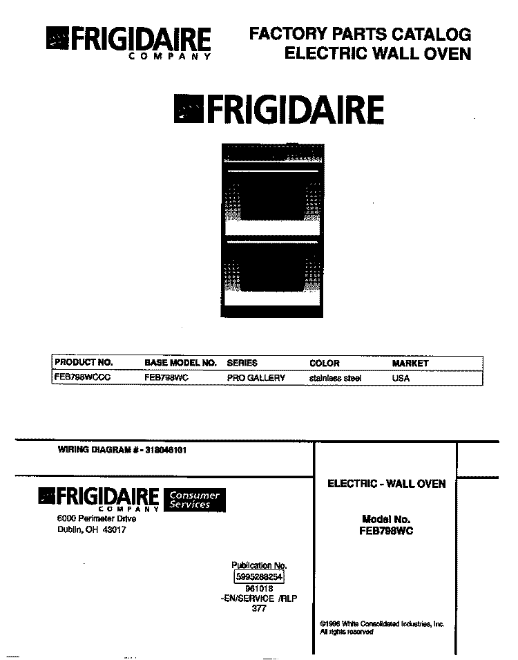 COVER Diagram and Parts List for FEB798WCCC  Frigidaire Wall Oven